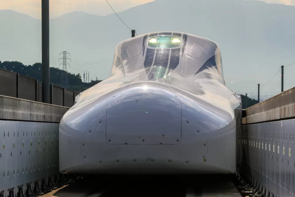 A maglev train undergoing testing by Central Japan Railway at the Yamanashi Maglev Test Track.